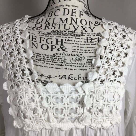 White gauzy 100% cotton tunic dress square neck crochet neck hem and cuff sz M - Picture 4 of 8